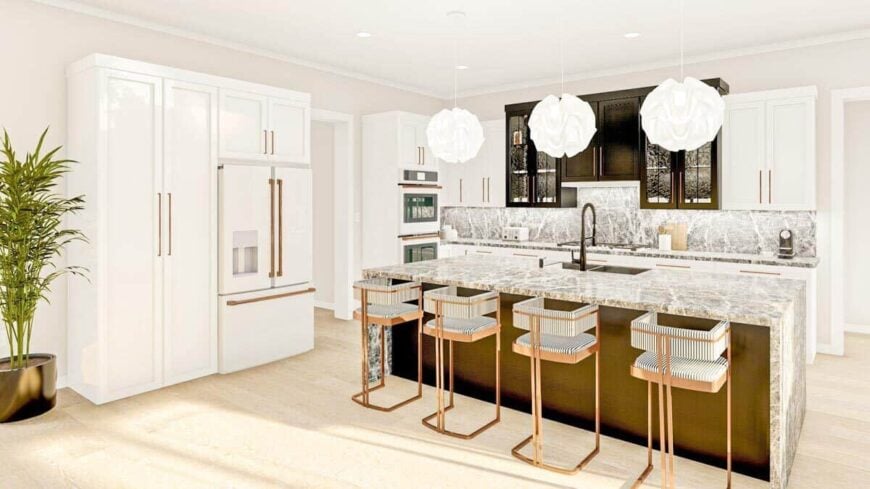 The kitchen features granite countertops, white and glass-front cabinets, and a waterfall island lined with striped bar stools.