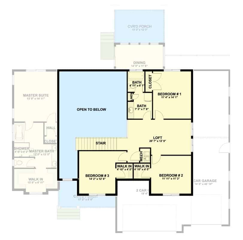 Second level floor plan with three bedrooms and a common bathroom.