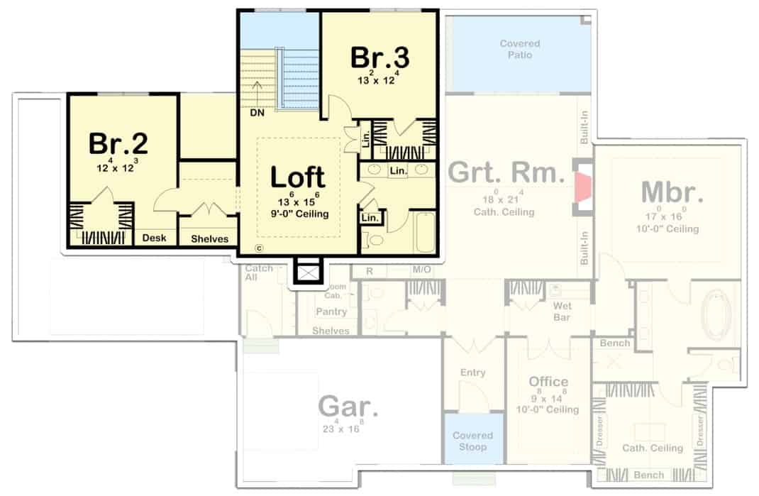 Second level floor plan with a loft and two bedrooms sharing a full bathroom.