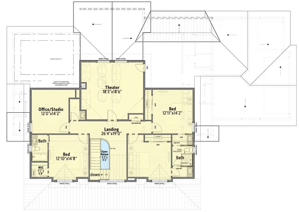Second level floor plan with two bedrooms, a home theater, and office/studio.