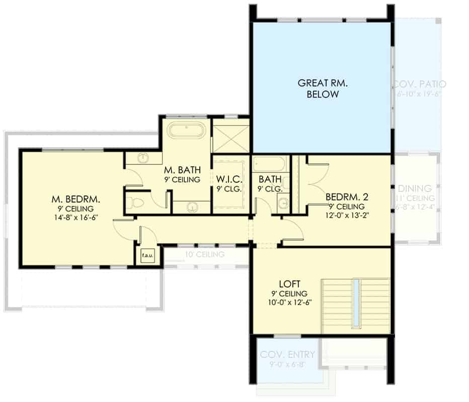 Second level floor plan with two bedrooms, two bathrooms, and a loft.
