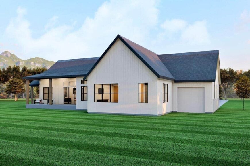 Rear-left rendering with large windows and a pass-through garage.