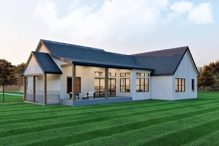 Rear-right rendering with a covered deck and an exterior staircase leading down the basement.