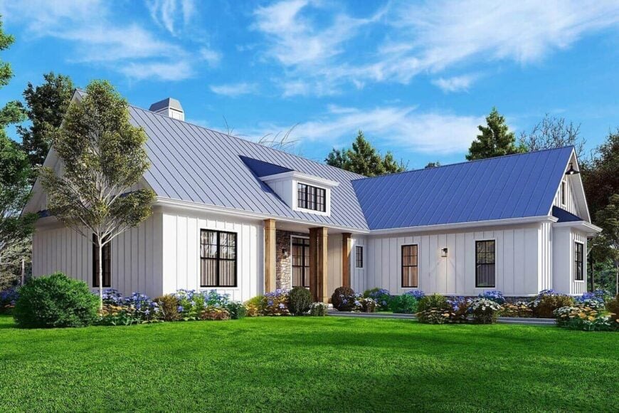 Front-left rendering showcasing the covered entry porch topped by a shed dormer.