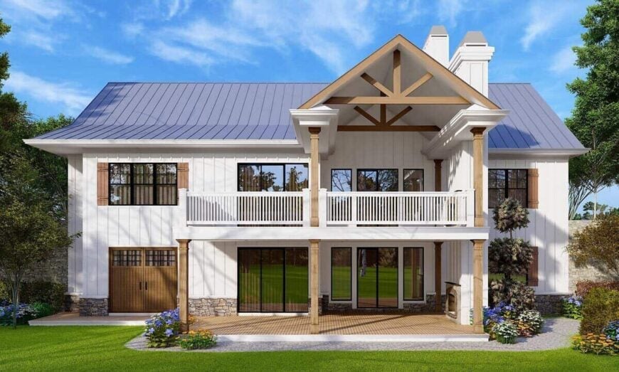 Rear rendering with a gabled porch, an open deck, and a spacious covered patio.