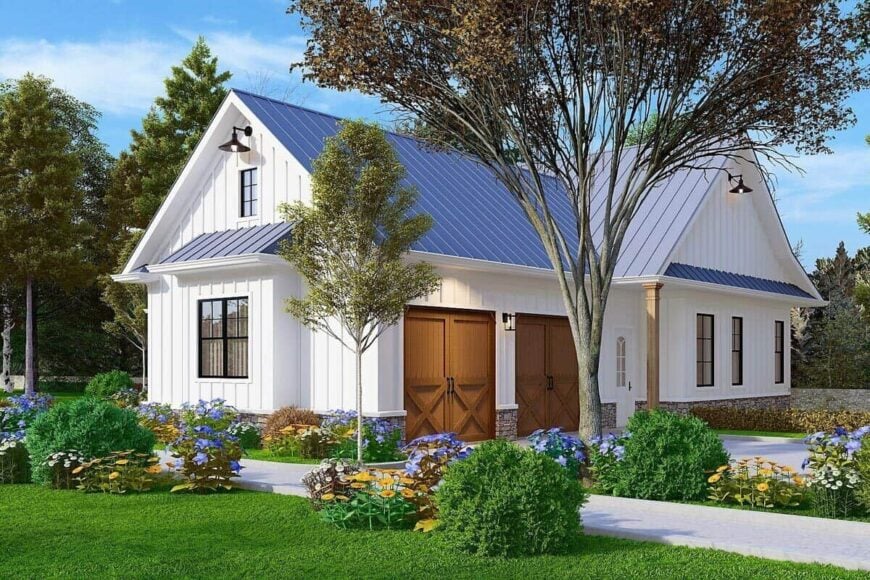 Right rendering with double garage enclosed in double wooden doors.