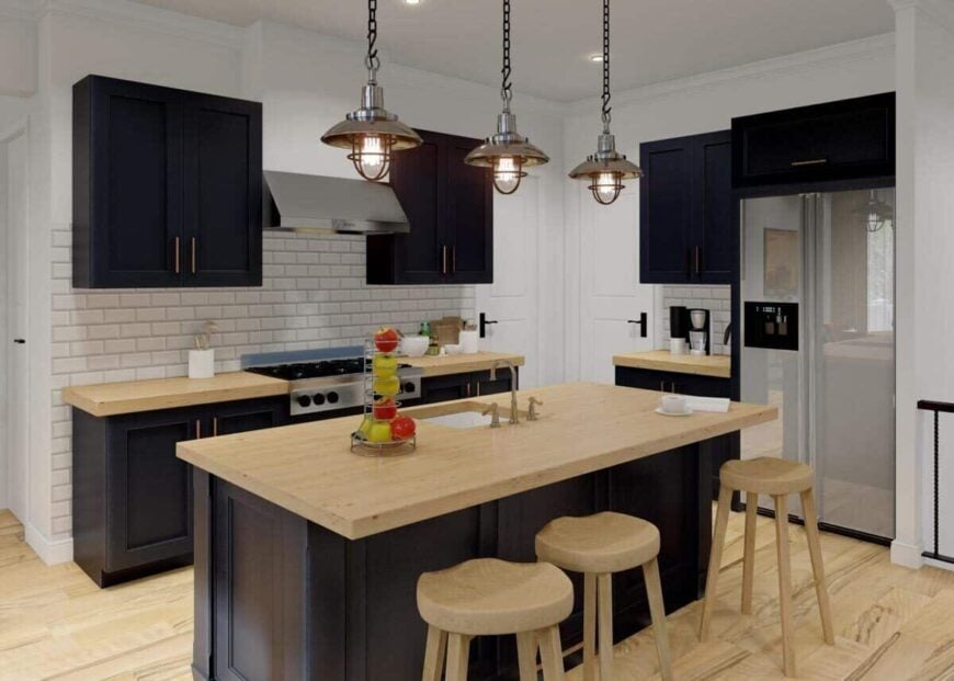 The kitchen has dark cabinetry and wooden countertops that match the hardwood floor.