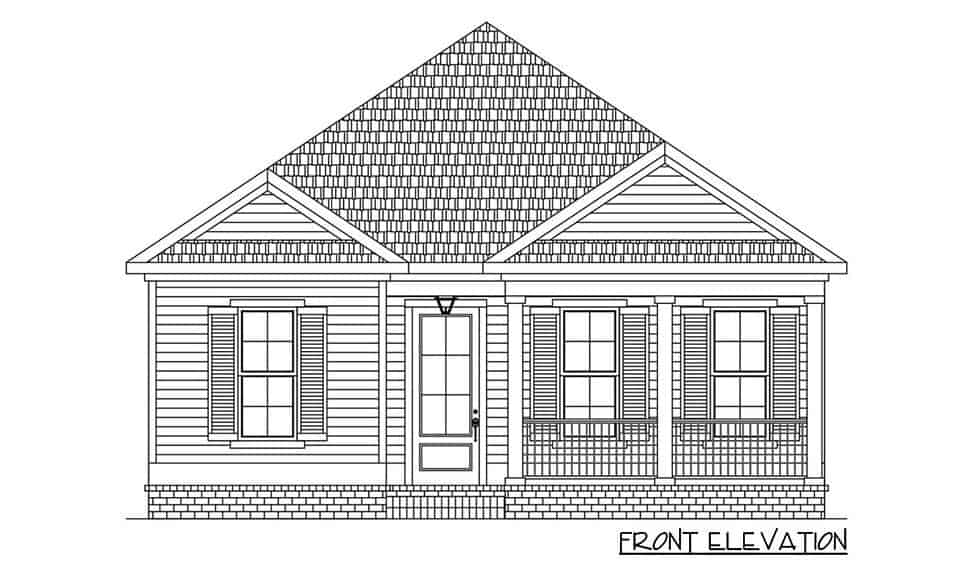 Front elevation sketch of the single-story cottage style 3-bedroom home.