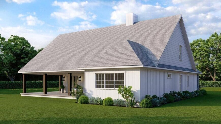 Rear-left rendering with board and batten siding, white framed windows, and a covered porch.