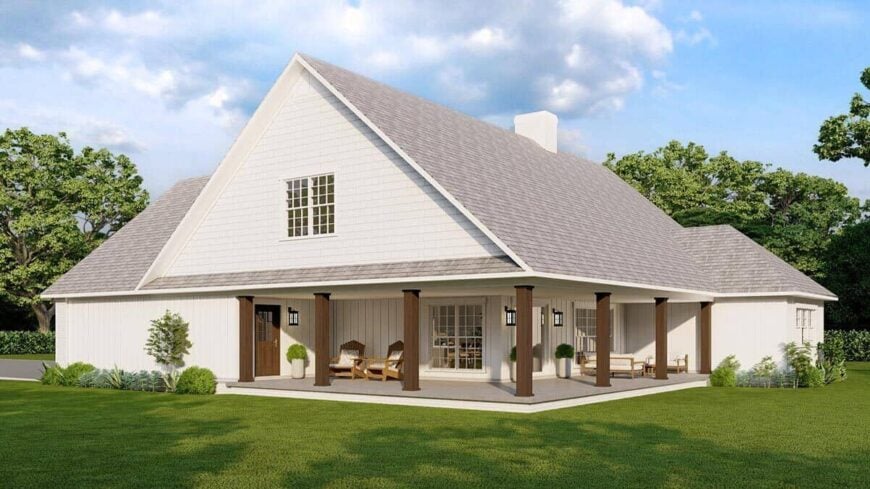 Rear-right rendering showcasing the L-shaped porch framed with rustic timbers.