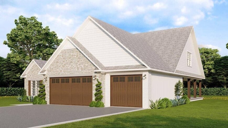 Front-right rendering with 3-car garage and gable roofs accentuated with stone and cedar shakes.