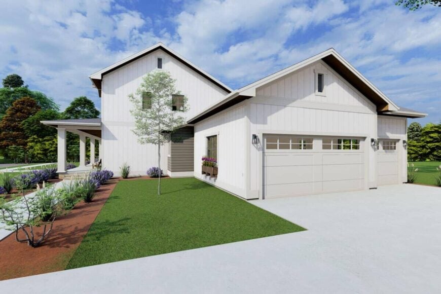 Right rendering with a 3-car garage framed with a lush green lawn and a concrete driveway.