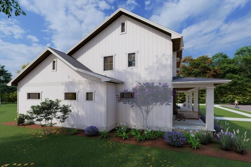 Left rendering with board and batten siding, small windows, and gable roofs.