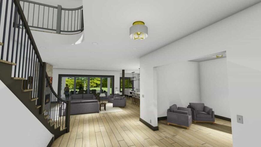 The grand entry has a sweeping view of the flex room and the open living space.