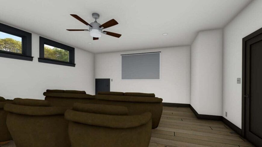 Home theater with brown recliners, a projector screen, and clerestory windows.