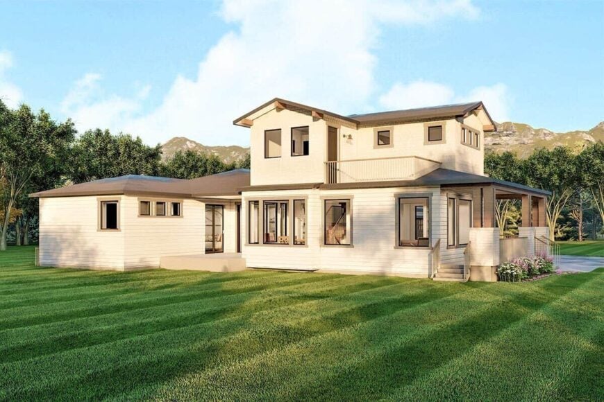 Left rendering with horizontal siding, a covered deck, and a side entrance to the covered front porch.