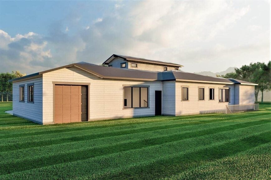 Rear-right rendering with plenty of windows and a drive-thru garage.