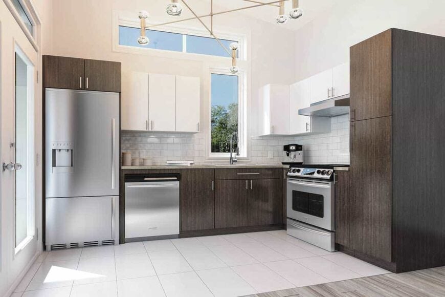 Large windows and clerestories bring natural light into the kitchen.