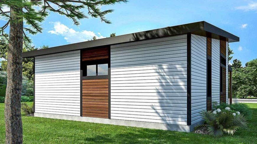 Rear rendering showcasing its horizontal siding, wood accents, and a shed roof.
