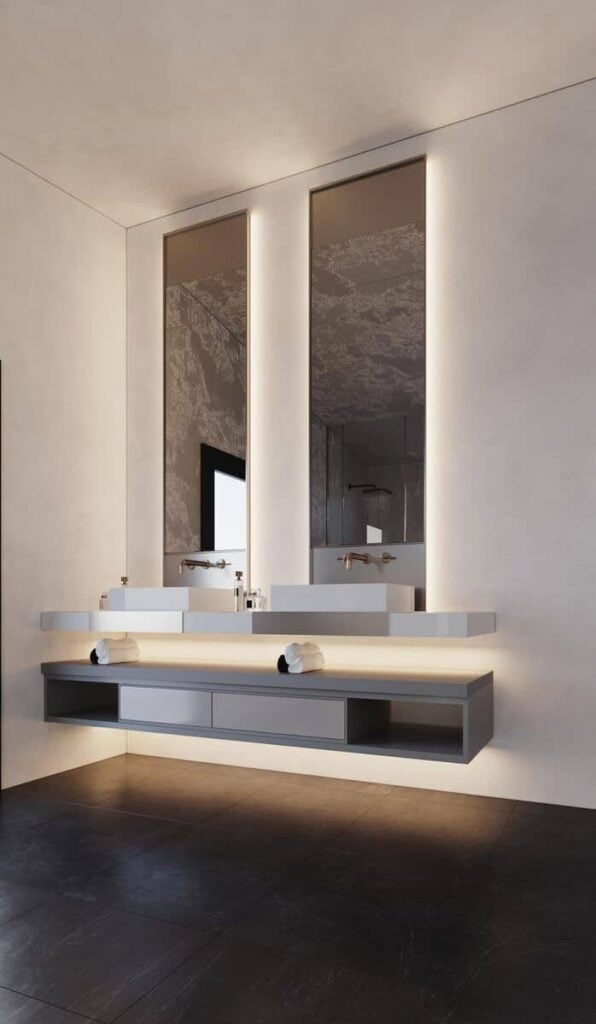 A floating vanity with double vessel sinks and tall mirrors completes the primary bathroom.