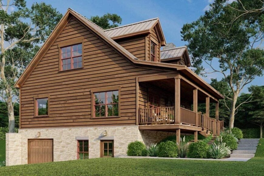 Front-left rendering with wood and stone siding, a covered porch, and gable dormers.