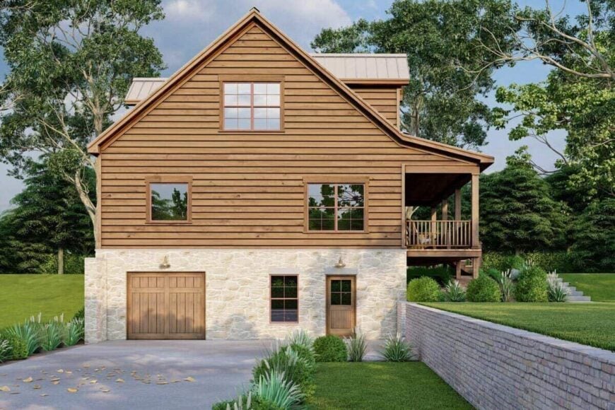 Left rendering showcasing the walkout basement and drive-under garage.