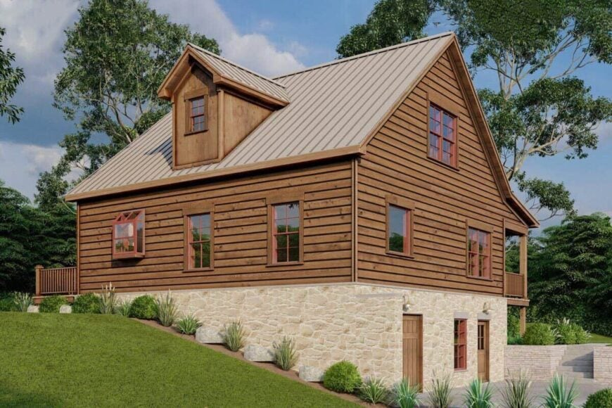 Rear-left rendering with metal roofs, a gable dormer, and lots of windows.