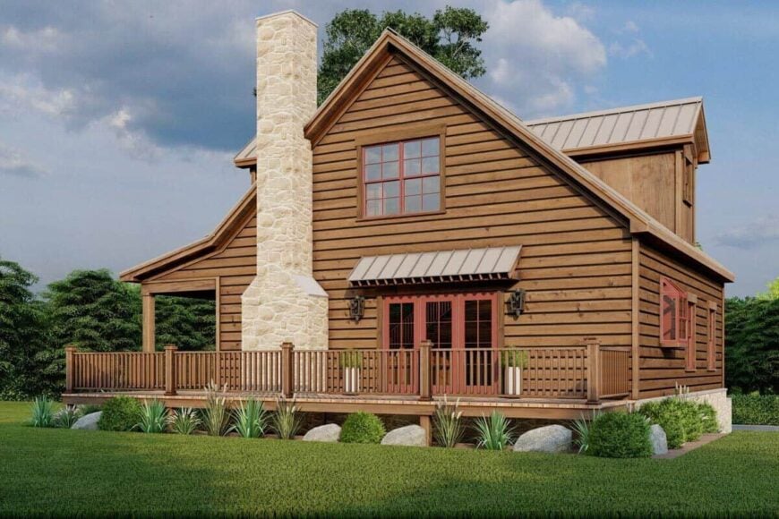 Right rendering with a stone chimney and an expansive deck bordered by wooden railings.