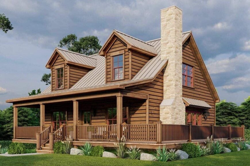 Front-right rendering showcasing the elevated wraparound porch adorned with rocks and lush plants.