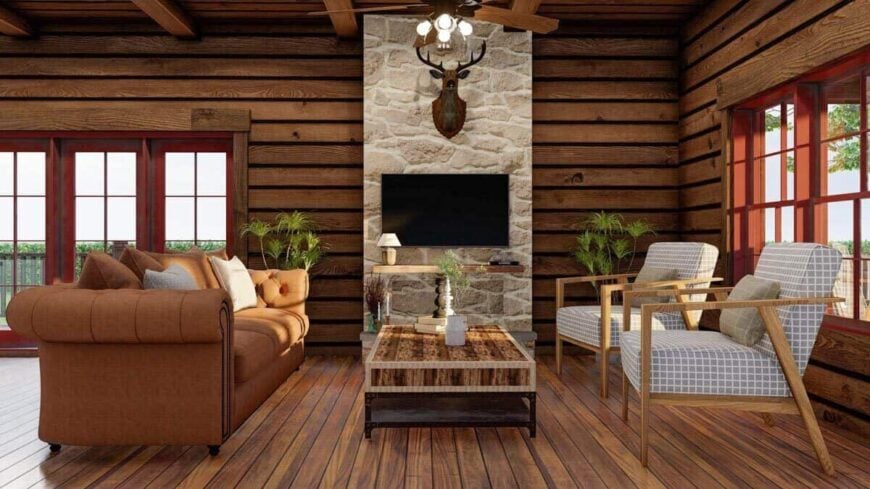 The living room features a chesterfield sofa, checkered armchairs, and a TV mounted above the fireplace.