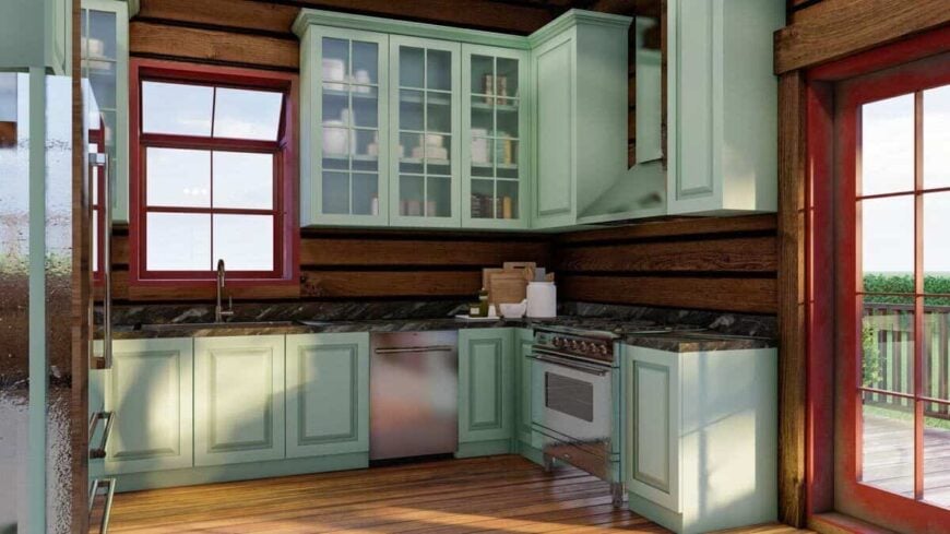 Glazed doors on the side extend the kitchen onto an open deck.