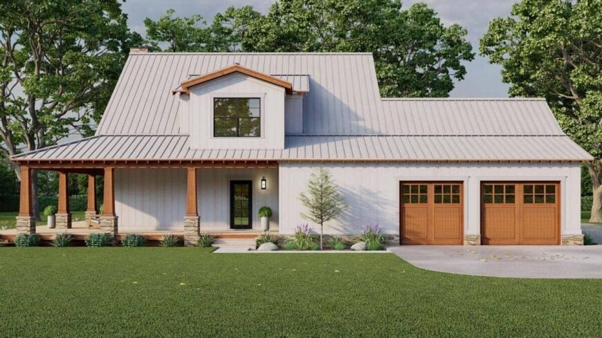 Rear rendering with a 2-car garage and a covered porch topped with a gable dormer.