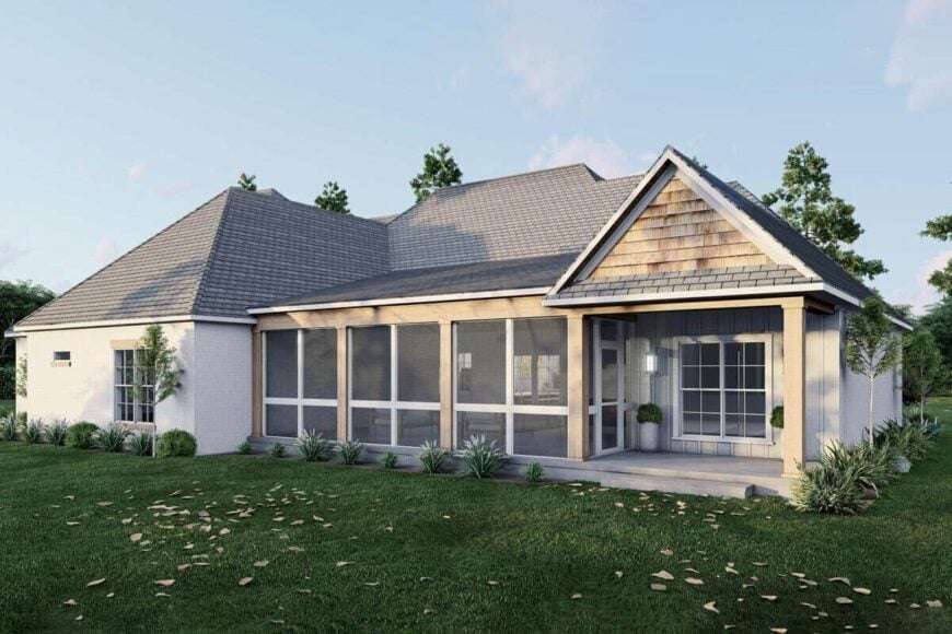 Rear-left rendering showcasing the covered and screened porches.
