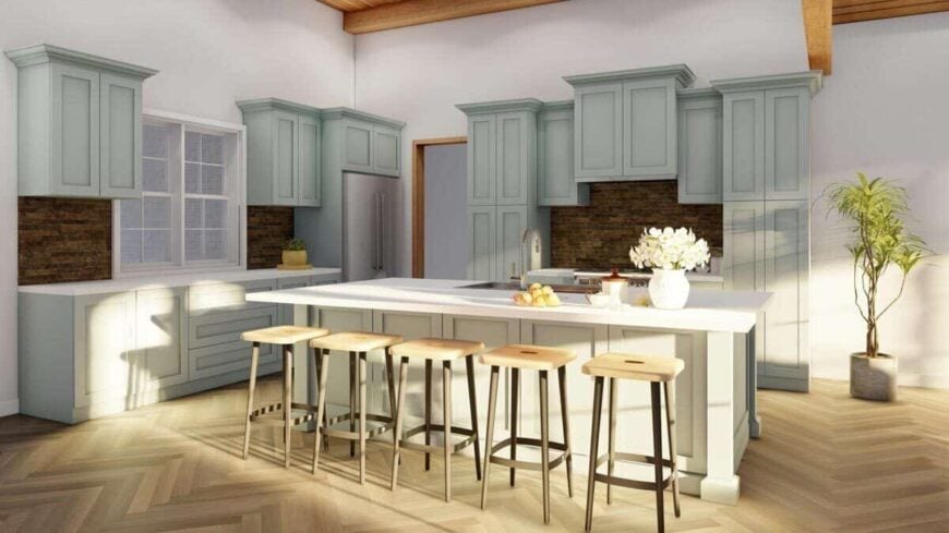 The kitchen features light gray cabinets, marble countertops, and a breakfast island with five seating.