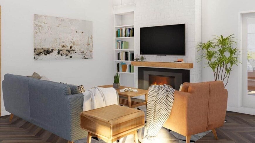 The living room has brown and gray seats, built-in shelves, and a fireplace topped with a wall-mounted TV.