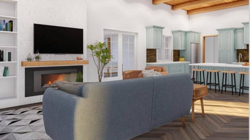 A french door extends the living space onto a screened porch.