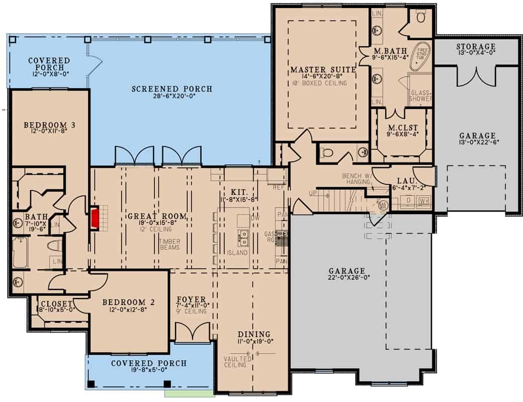 Main level floor plan of a country style 3-bedroom single-story rustic home with foyer, great room, kitchen, dining room, multiple garages, and lots of porches.