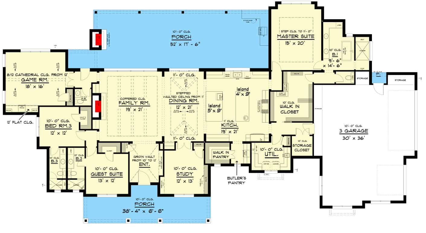Main level floor plan of a single-story 3-bedroom hill country home with front and rear porches, foyer, family room, dining room, kitchen, study, game room, utility, and a 3-car garage with storage spaces.