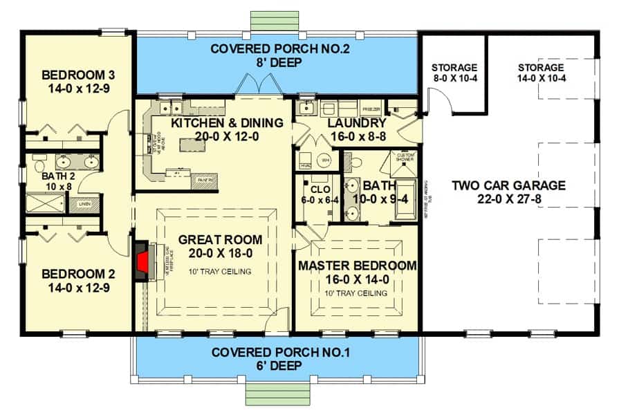 Main level floor plan of a single-story 3-bedroom New American ranch with front and back porches, great room, kitchen and dining, and laundry room that opens to the garage.