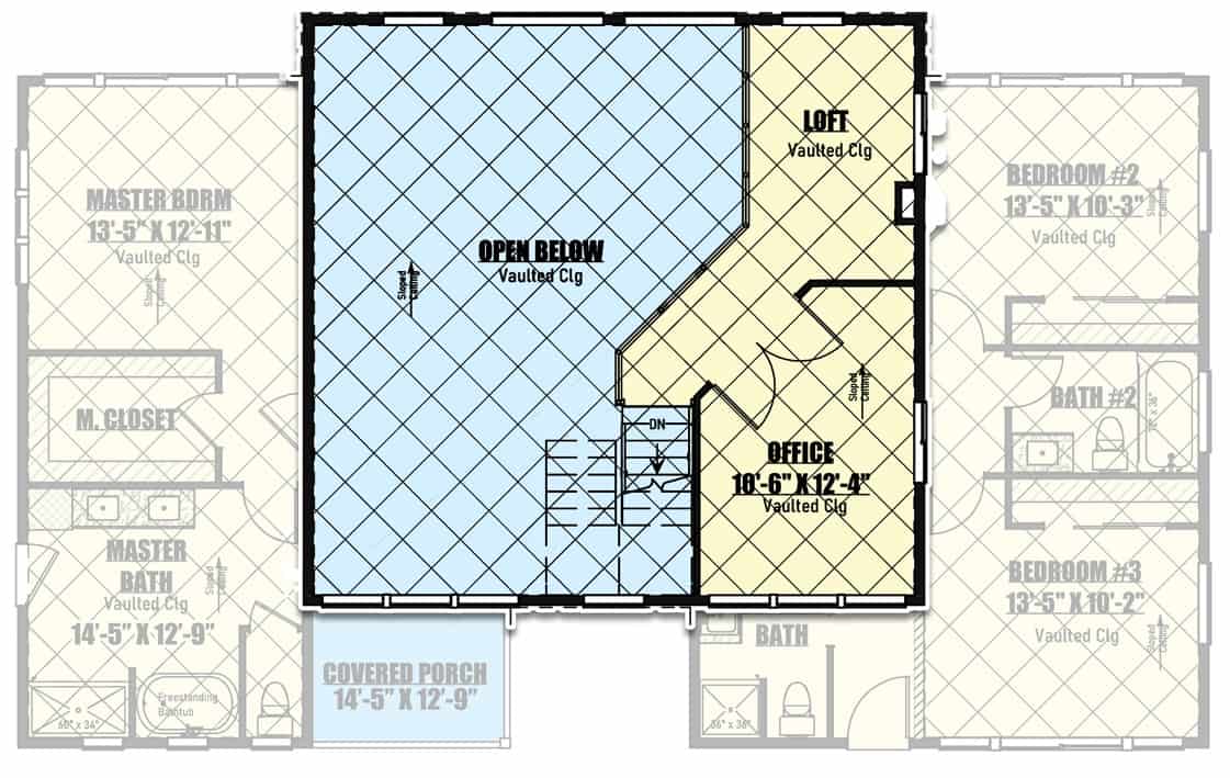 Second level floor plan with home office and a loft overlooking the great room below.