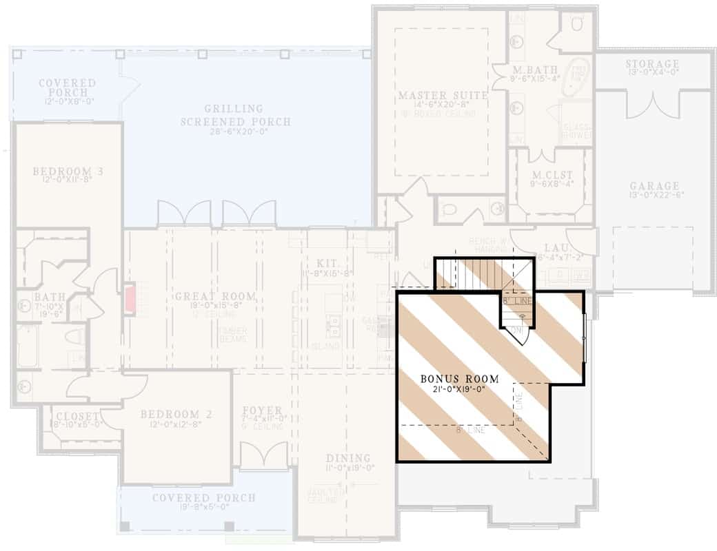 Bonus room floor plan with a sloped ceiling and a staircase leading down the main floor.