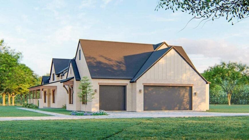 Right rendering showcasing the 3-car garage accentuated with rustic beams.
