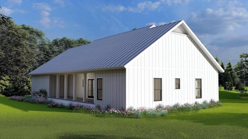Left rendering with board and batten siding, a ribbed metal roof, and framed windows.
