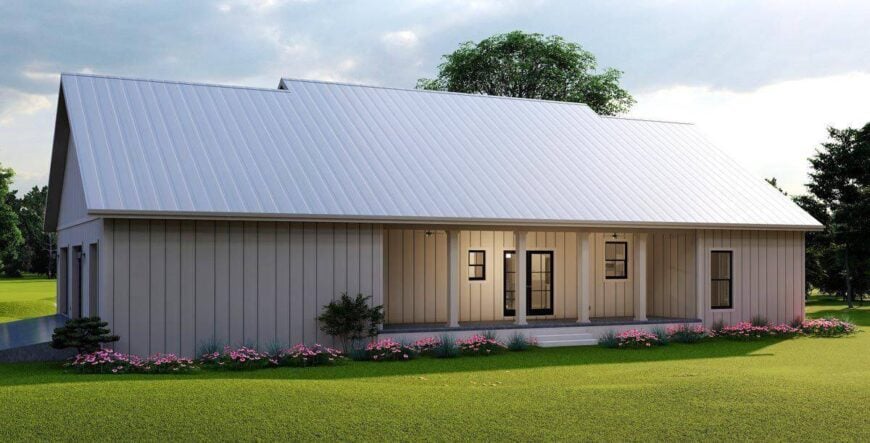 Rear rendering showcasing a covered porch complemented with decorative columns and a stoop.