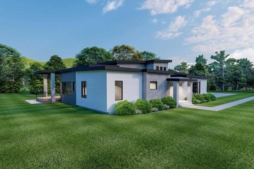 Front-left rendering with stucco siding, shed dormer, and a covered entry with a concrete stoop.