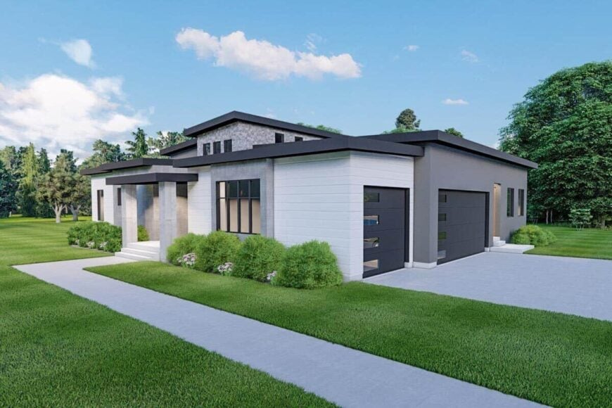 Front-right rendering showcasing the side-loading garage enclosed in large paneled doors.