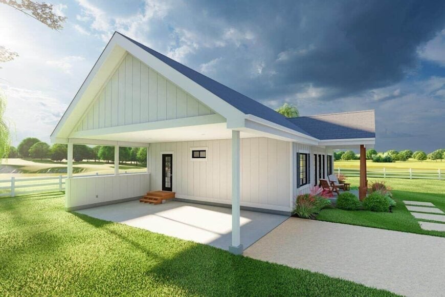 Left rendering showcasing the carport topped with a gable roof.