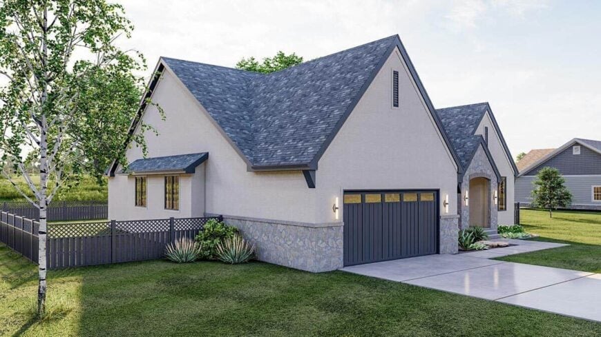 Front-left rendering showcasing the double garage topped with a large gable roof.