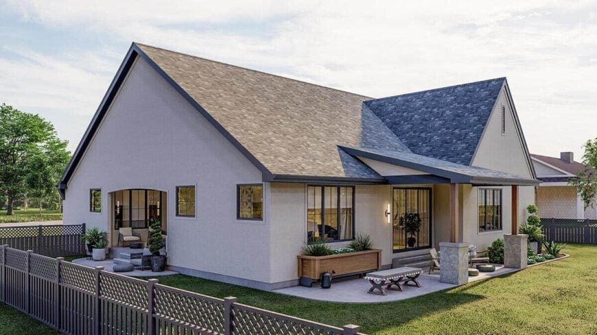Another covered porch can be seen from the angled view.