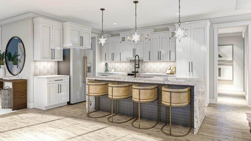 The kitchen is filled with white cabinetry, stainless steel appliances, and a waterfall island well-lit by star pendants.